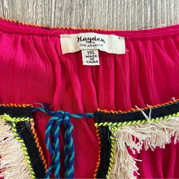 Hayden LA Women's Plus Mini Dress Tunic 1XL Fuchsia Embroidery Tassel Tie Fringe - Picture 9 of 12